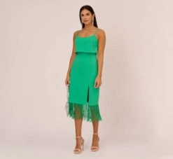 Crepe Popover Midi Dress With Fringe Trim In Summer Green 9 Crepe Popover Midi Dress With Fringe Trim In Summer Green -Adrianna Papell Shop MN1E208002 AI314 Regular Side