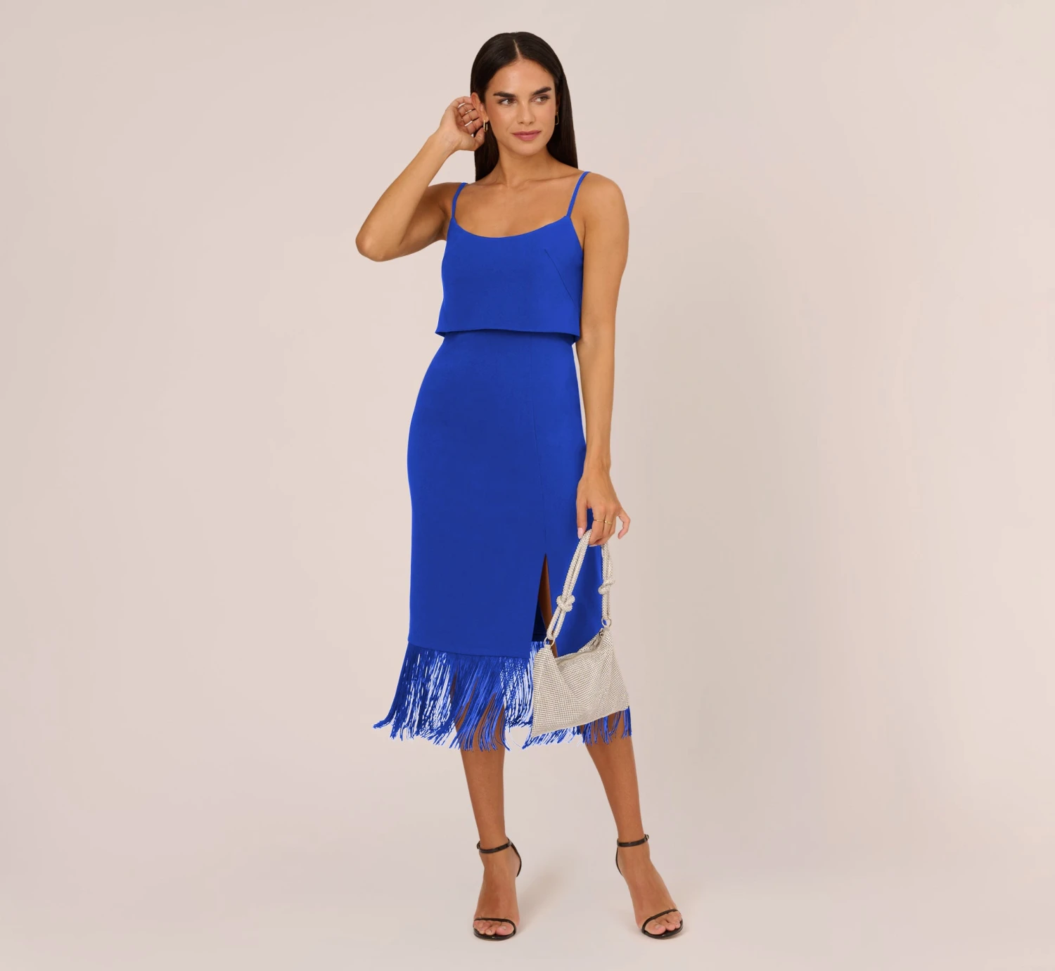 Crepe Popover Midi Dress With Fringe Trim In Royal Sapphire 4 Crepe Popover Midi Dress With Fringe Trim In Royal Sapphire - Image 2