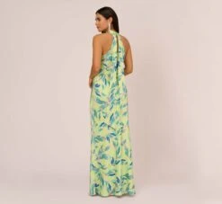 Foliage Printed Satin Gown With Halter Neckline In Green Multi -Adrianna Papell Shop MN1E208141 AA390 Regular Back