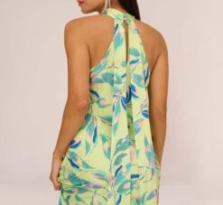 Foliage Printed Satin Gown With Halter Neckline In Green Multi -Adrianna Papell Shop MN1E208141 AA390 Regular Lifestyle