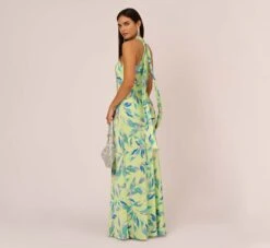 Foliage Printed Satin Gown With Halter Neckline In Green Multi
