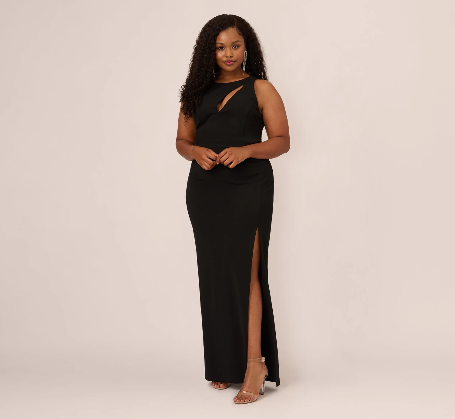 Plus Size Knit Crepe Sleeveless Column Gown With Cutout Neckline In Black 3 Plus Size Knit Crepe Sleeveless Column Gown With Cutout Neckline In Black